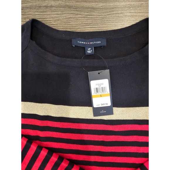 NWT Tommy Hilfiger Women Black Red Gold Shimmer Stripe Boat Neck Sweater Top szS - Picture 2 of 9